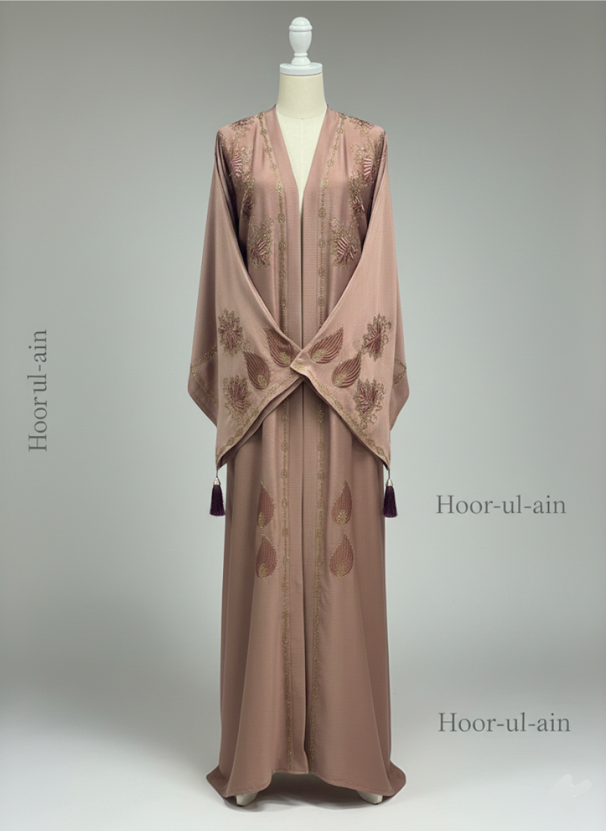 Hoor-ul-Ain Elegant Abaya – Light Brown with Embroidered Detailing