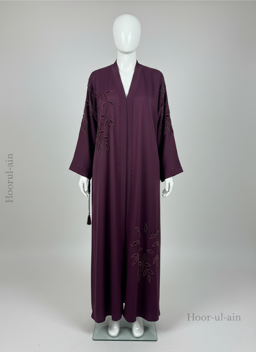 Hoor-ul-Ain Calligraphy Abaya – Rich Maroon & Chiko Blend