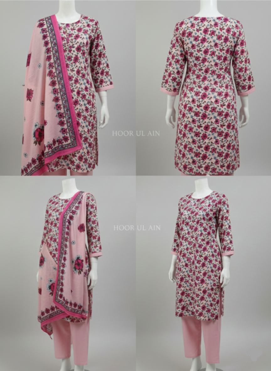 Soft Light Pink Printed Morina Unstitched Suit Set | 3-Piece with Pashmina Shawl | Hoor ul Ain