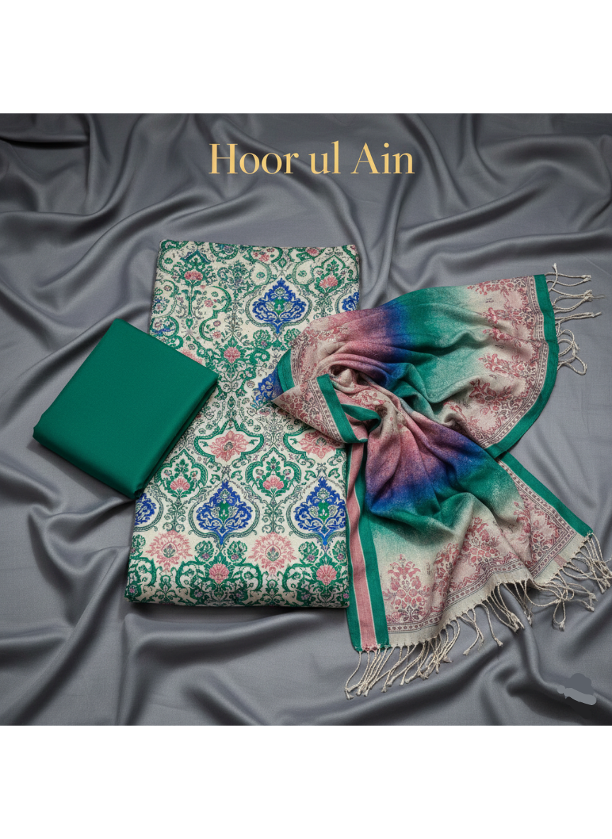 Pure Morina 3-Piece Unstitched Suit with Pashmina Shawl | Premium Luxury Wear | Hoor ul Ain