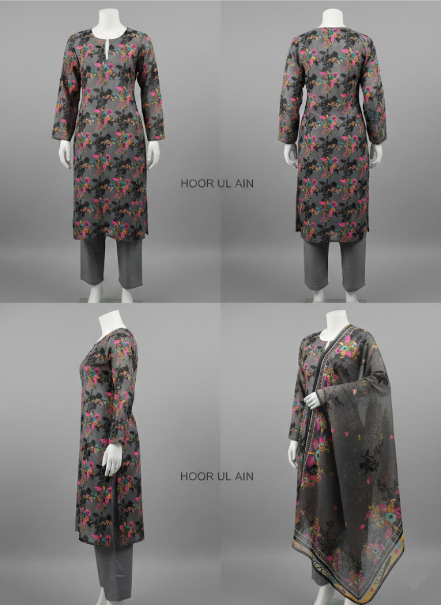 Gray Floral Printed Morina Unstitched Suit Set | 3-Piece with Pashmina Shawl | Hoor ul Ain