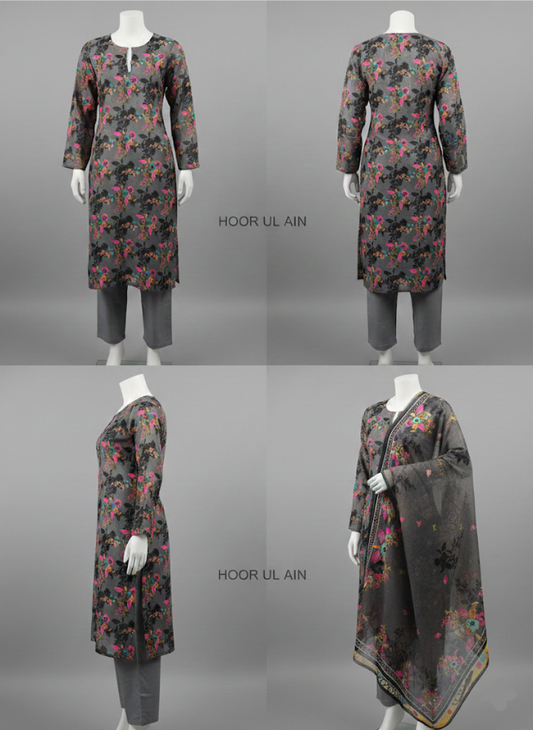 Gray Floral Printed Morina Unstitched Suit Set | 3-Piece with Pashmina Shawl | Hoor ul Ain