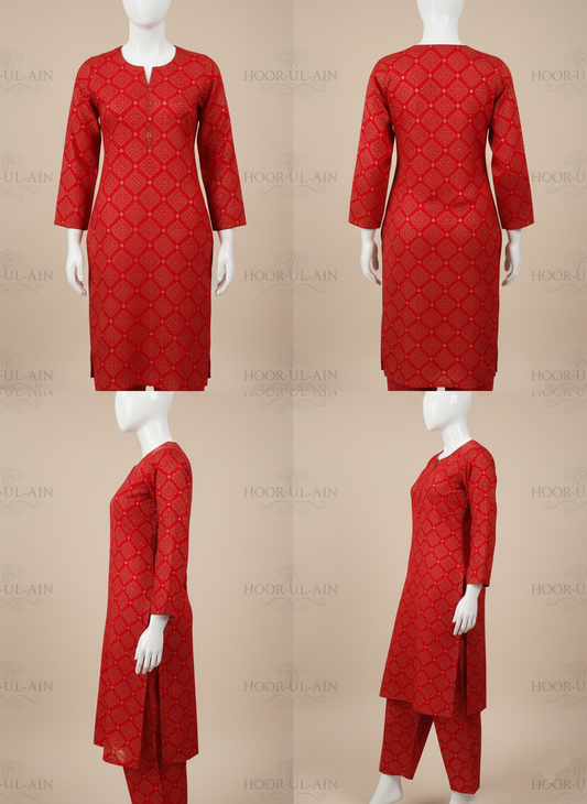 Red Printed Khaddar | Unstitched Dress Fabric