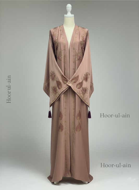 Hoor-ul-Ain Elegant Abaya – Light Brown with Embroidered Detailing