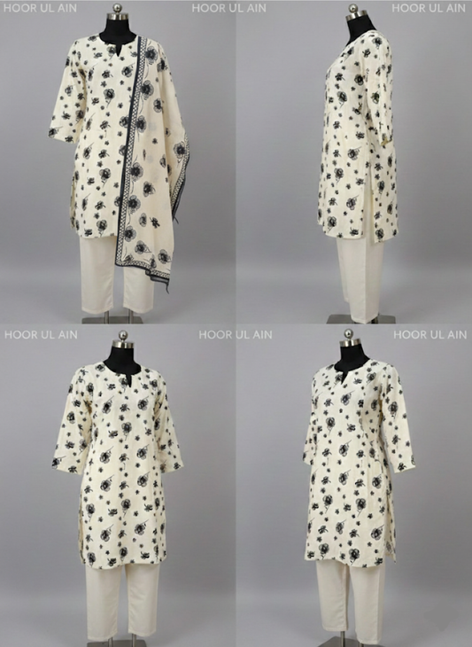 Half-White Cream & Black Floral Printed Morina Unstitched Suit | 3-PC with Pashmina Shawl | Hoor ul Ain