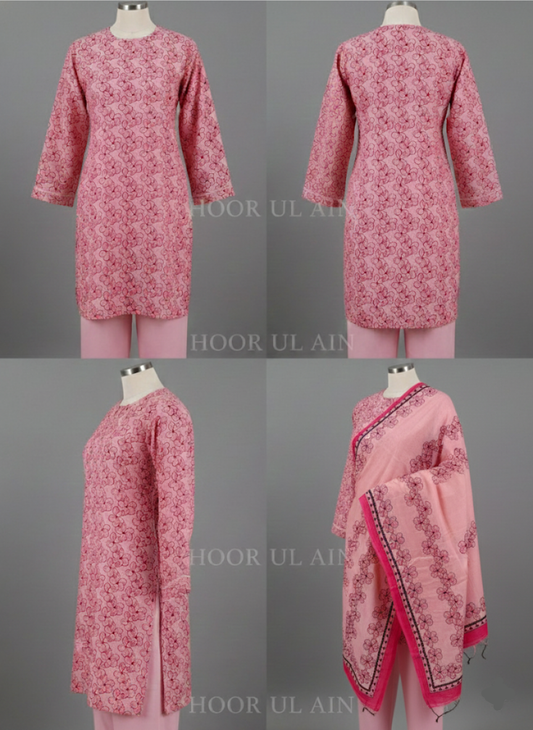 Light Pink Floral Printed Morina Unstitched Suit Set | 3-Piece with Pashmina Shawl | Hoor ul Ain