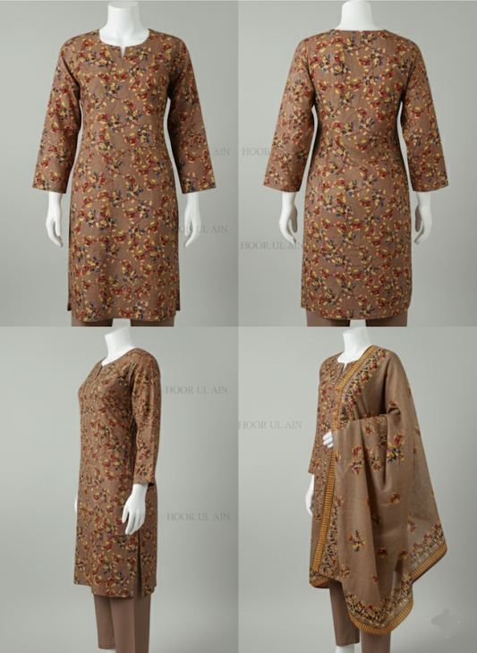 Rich Brown Printed Morina Unstitched Suit Set | 3-Piece with Pashmina Shawl | Hoor ul Ain