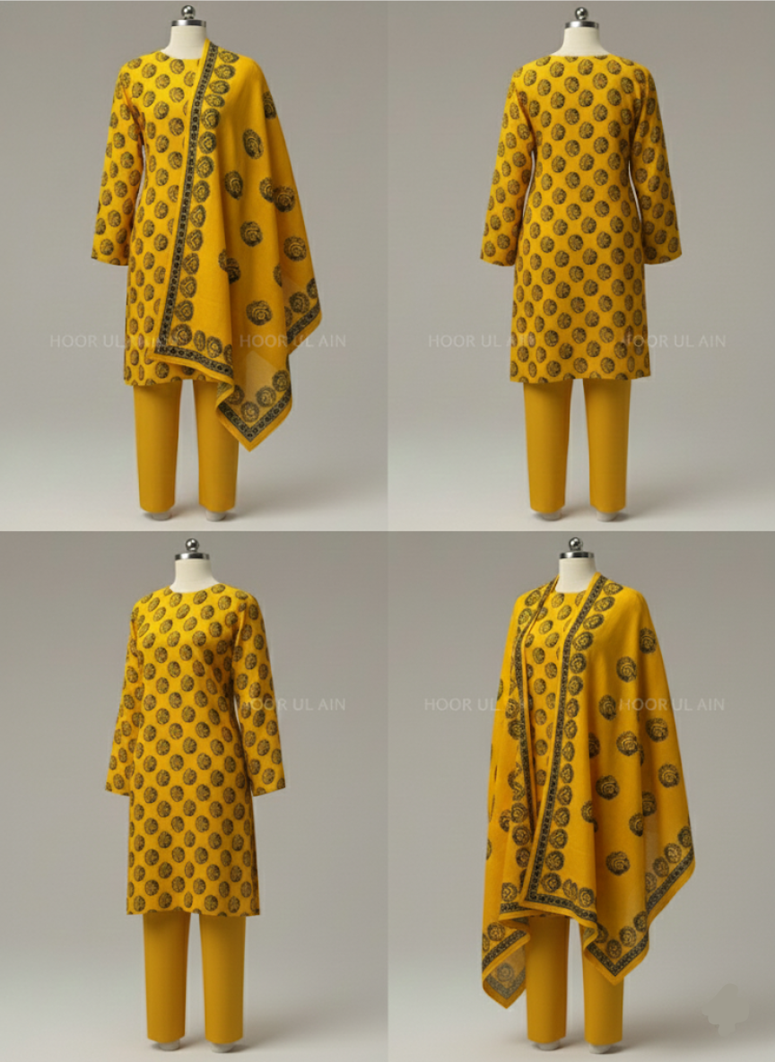 Sunshine Yellow Printed Morina Unstitched Suit Set | 3-Piece with Pashmina Shawl | Hoor ul Ain