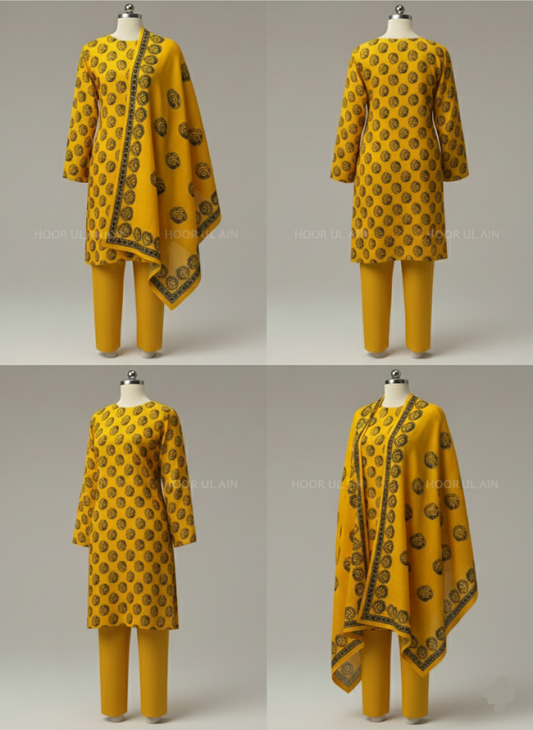 Sunshine Yellow Printed Morina Unstitched Suit Set | 3-Piece with Pashmina Shawl | Hoor ul Ain
